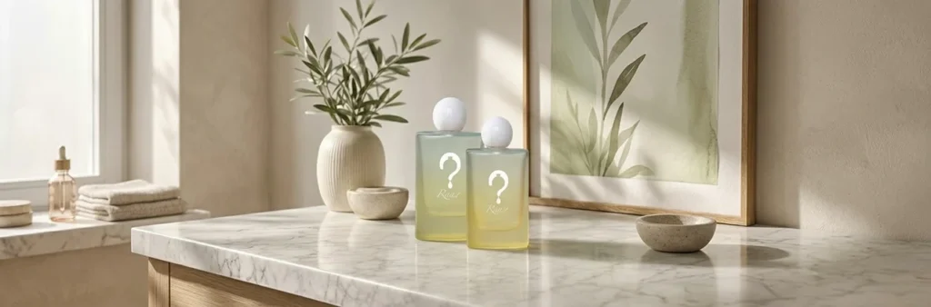 شیشه‌های عطر راز در حجم‌های 3۰ و 5۰ میلی‌لیتر روی میز سنگی با دکور مینیمال